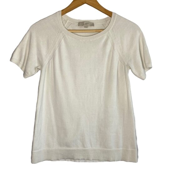 Loft Cream Short Sleeve Crew Neck Sweater Top - Picture 1 of 9